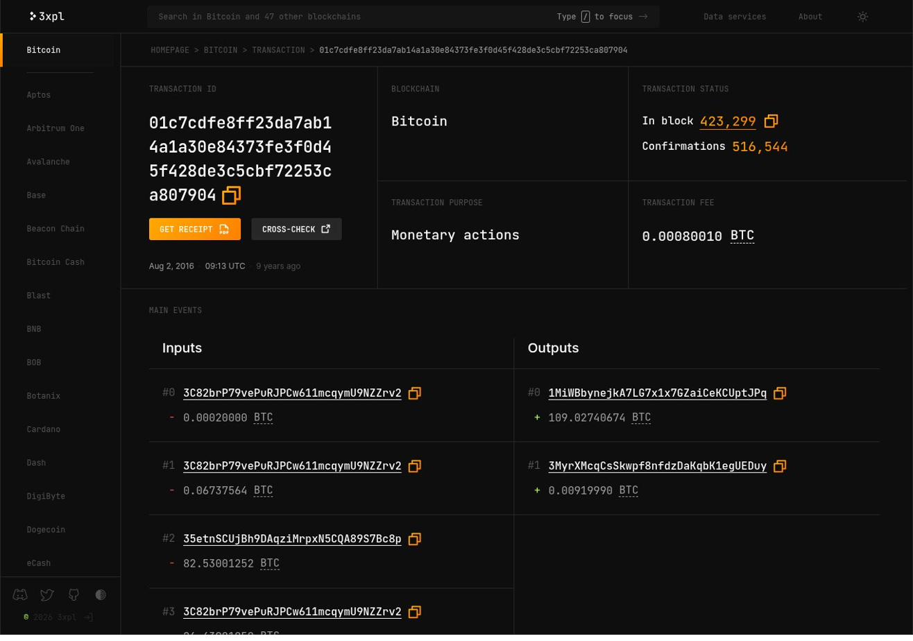 3xpl showing transaction 01c7cdfe: Aug 2 2016, inputs from 35etn and 3C82 addresses, 109 BTC output to 1MiWBb