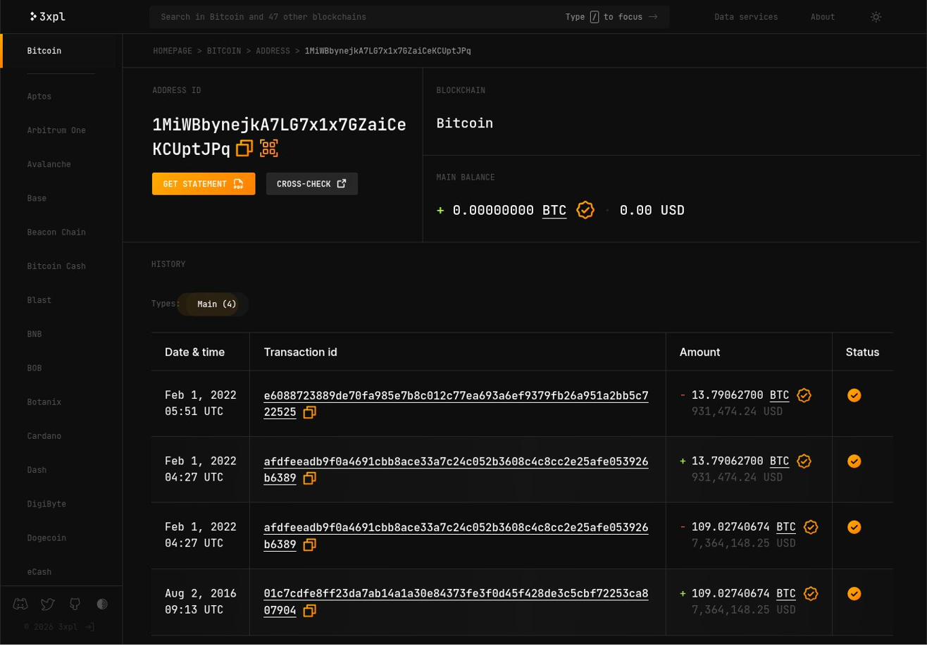 3xpl showing 1MiWBb address: 4 transactions, received 109 BTC Aug 2016, zero balance