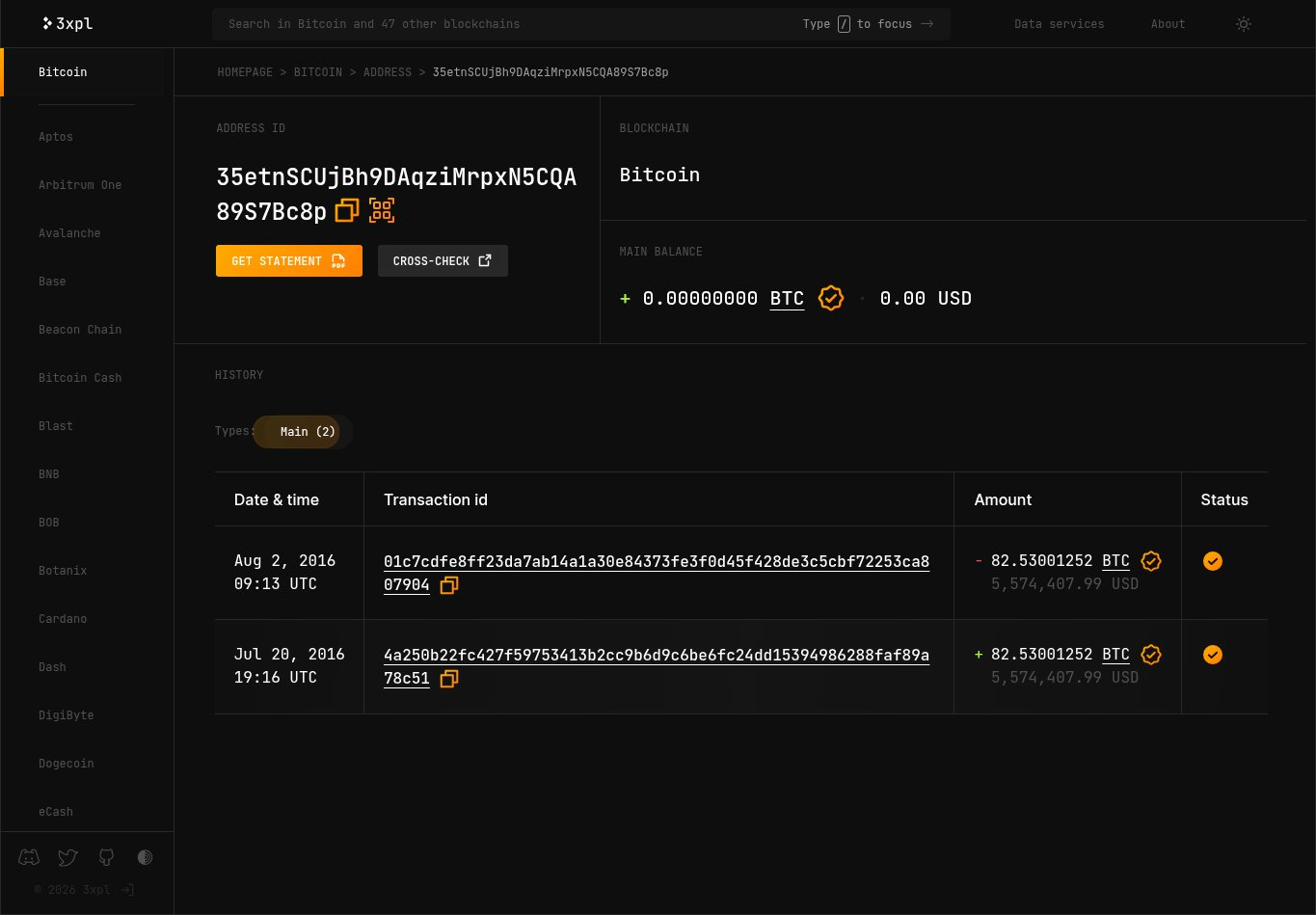 3xpl showing 35etn address: received 82.53 BTC on Jul 20 2016, spent Aug 2 2016, zero balance