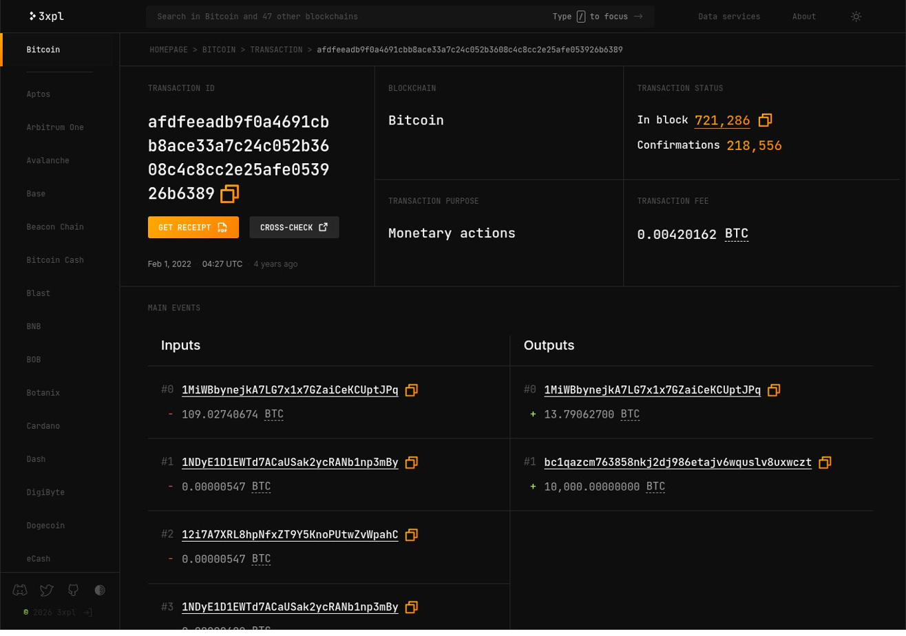 3xpl showing transaction afdfeeadb9f0: 10,000 BTC output to FBI3 wallet, change of 13.79 BTC returned to 1MiWBb