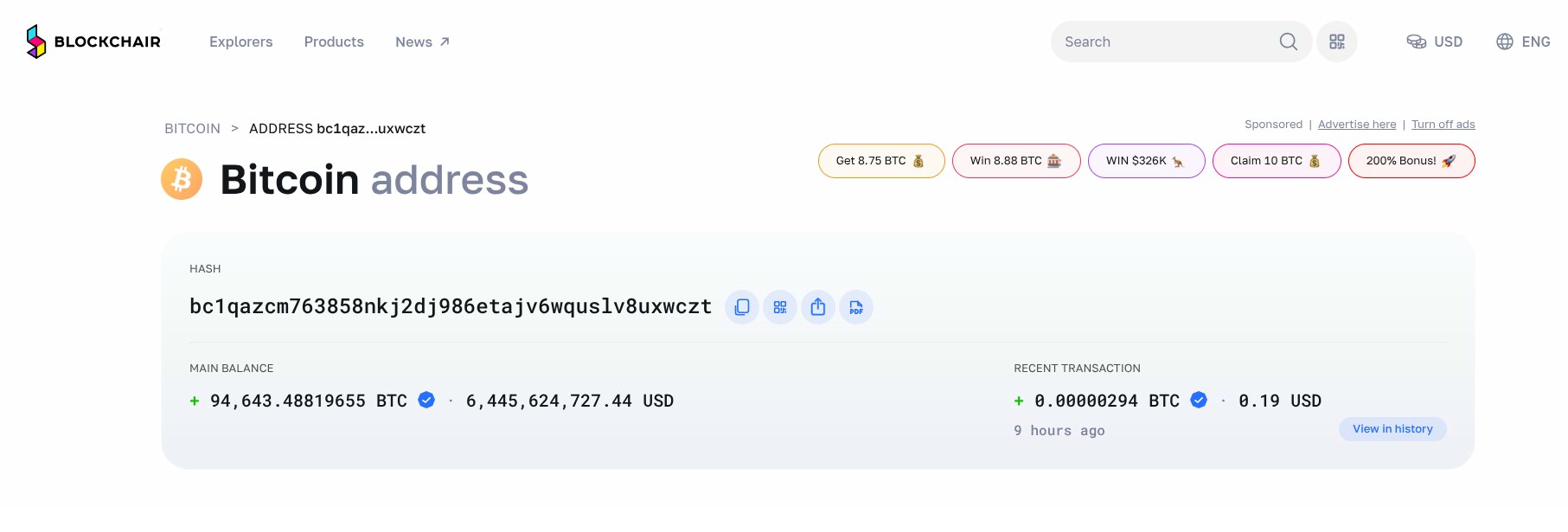 Blockchair showing bc1qazcm address with balance 94,643 BTC and surrounding gambling ads and AML widgets